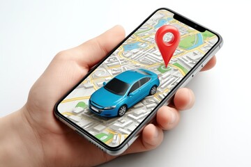 Poster - A hand holds a smartphone displaying a map with a blue car and a red location pin, representing GPS navigation and car tracking.