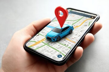 Poster - A hand holds a smartphone displaying a map with a blue car and a red location pin, representing GPS navigation and car tracking.
