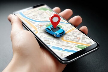 Poster - A hand holds a smartphone displaying a map with a blue car and a red location pin, representing GPS navigation and car tracking.