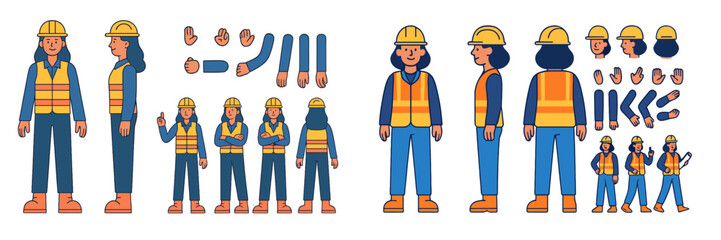 Poster - Construction worker character designs depicting diverse poses and expressions in a work environment