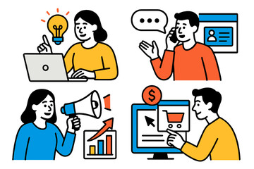 Poster - Business professionals engage in online marketing strategies and collaboration during a virtual meeting in a modern office setting