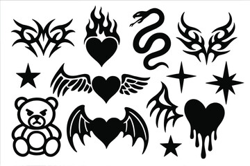 Poster - Variety of black tattoo designs featuring hearts, flames, and animals in different styles displayed on a white background