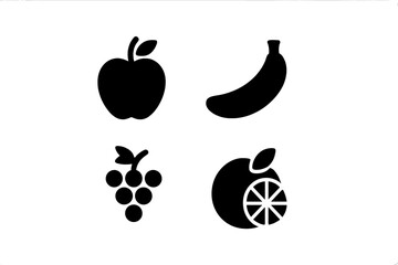 Poster - Colorful fruits including an apple, banana, grapes, and orange on a white background displayed in a minimalist style