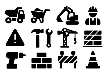 Poster - Construction icons representing various activities, tools, and safety signs for building projects and work sites