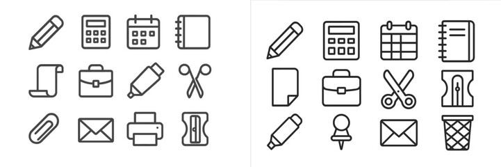 Poster - Collection of simple line icons representing office supplies and stationery items for everyday use in workspaces