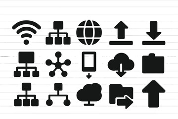 Fototapete - Collection of black icons representing technology and networking concepts on a light background
