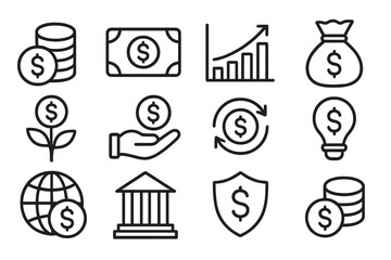 Aufkleber - Conceptual illustration of financial growth and investment strategies featuring various money-related symbols in a modern design