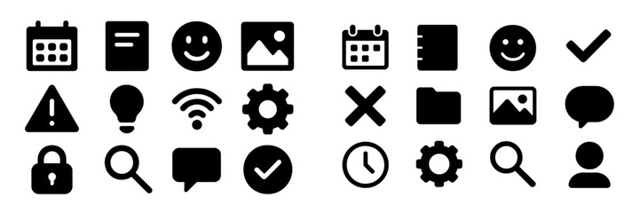 Poster - Collection of diverse black icons representing common activities, tools, and symbols for organization and communication in daily life