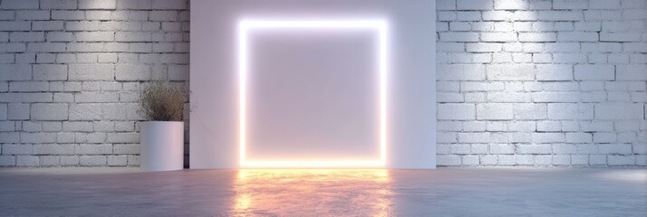 Poster - A square neon frame glows on a white brick wall in a minimal, modern interior space.