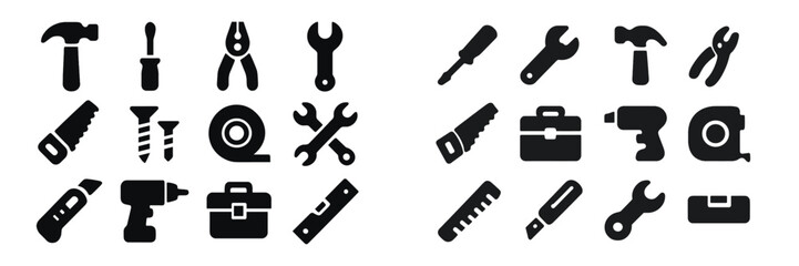 Poster - Black and white icons of various tools arranged in a grid pattern for construction and repair projects