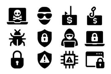 Aufkleber - Symbols representing cybersecurity threats and solutions illustrated in a minimalist black and white design