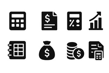 Poster - Collection of black icons illustrating finance, accounting, and budgeting concepts for educational use in graphic design