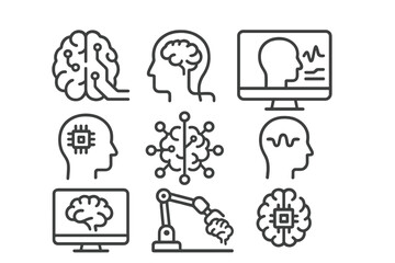 Leinwandbilder - Collection of brain and technology icons illustrating concepts of artificial intelligence and neuroscience in modern research