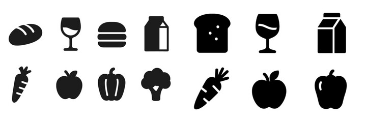 Poster - Black silhouettes of food items including bread, glasses, fruits, and vegetables shown in a creative layout