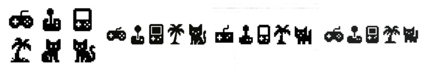 Fototapete - Pixel art cats and objects arranged in a playful sequence showcasing a variety of simplified shapes and designs