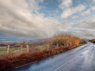 Wall Mural - A road with a fence on the side and a mountain in the background. The sky is cloudy and the road is wet. Landscape scene in Killarney area of Ireland. Popular tourist area.