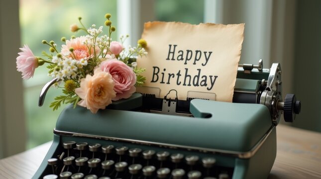 Whimsical Birthday Bouquet Pastel Flowers & Vintage Typewriter