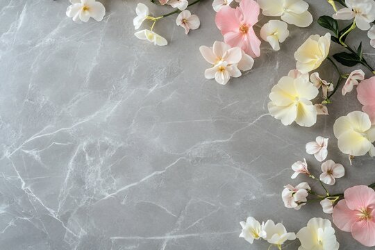 Pastel flowers arranged on marble background, leaving copy space.