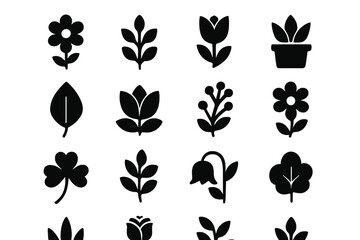Poster - Black silhouette floral designs featuring various plants, flowers, and leaves on a white background