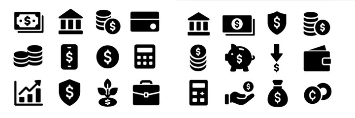 Aufkleber - Financial icons representing banking, investing, and personal finance concepts in a monochromatic design