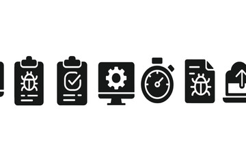 Aufkleber - Icons representing different aspects of software testing and debugging in a modern digital workspace