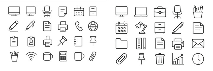 Aufkleber - Collection of office icons illustrating work tools and organizational objects in a minimalistic design on a light background
