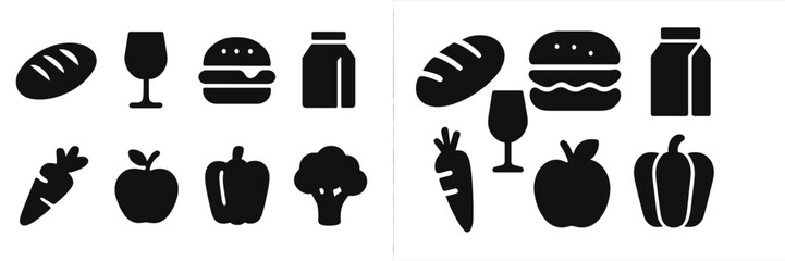Poster - Collection of silhouette icons representing various food items and drinks in a simple, modern style for design projects