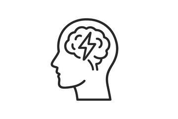 Poster - Representation of human head silhouette with brain and lightning bolt symbolizing thoughts and ideas