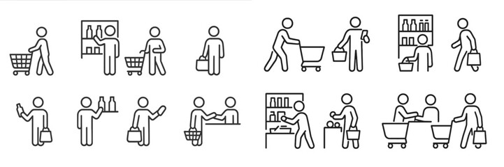 Poster - Shopping activities and consumer interactions in a market environment featuring various shopping icons