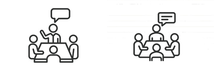 Poster - Group discussion at a conference table with one speaker engaging an attentive audience from diverse backgrounds