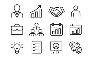 Fototapete - Business-related icons and graphics showcasing professional activities and teamwork in a modern workplace setting