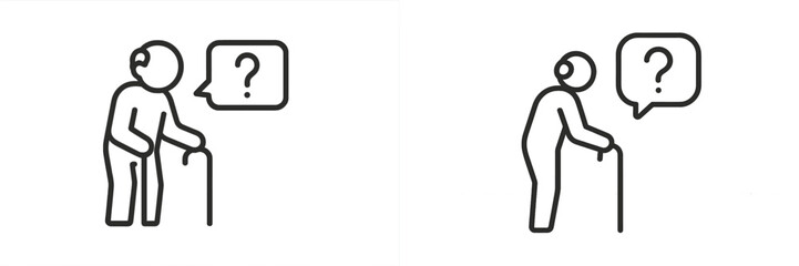 Aufkleber - Elderly person with cane expressing confusion or curiosity in simple line art design