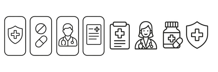 Aufkleber - Icons representing healthcare services, medications, and professional medical staff in a modern design