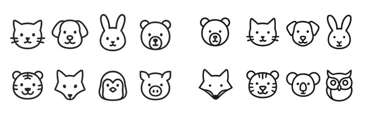 Aufkleber - Cute animal icons displayed in simple linear style featuring a variety of pets and wildlife