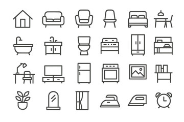 Poster - Collection of simple line drawings representing various home furniture and appliances in a minimalistic style