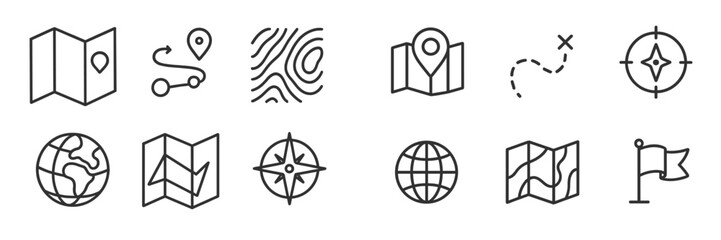 Fototapete - Exploring navigation symbols and icons representing maps and travel concepts for modern wayfinding technology