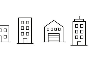 Poster - Sketches of different building types showcasing their unique structures and designs in a minimalist art style