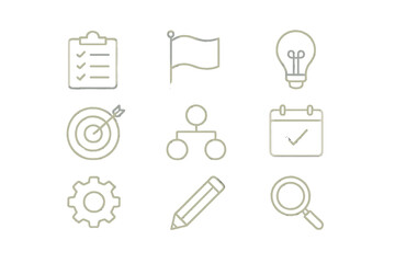 Poster - Visual collection of project management icons representing planning, organization, and evaluation concepts for effective teamwork