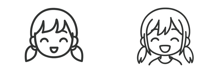 Poster - Two cheerful cartoon girls smiling with playful hairstyles in a simple, linear design suitable for children's content