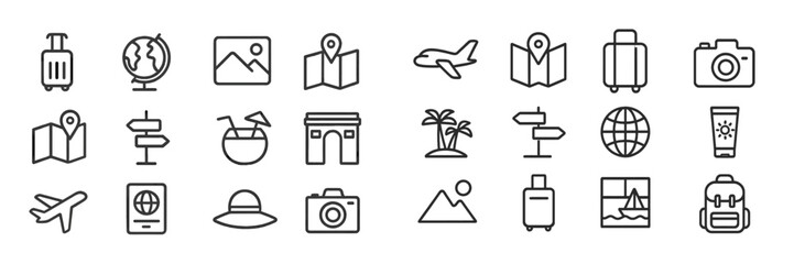 Poster - Collection of travel-themed icons including suitcases, maps, and landmarks for vacation planning and exploration