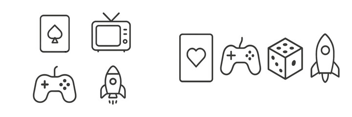 Aufkleber - Icons representing various types of gaming including board games, card games, and video games, created in a minimalist design style