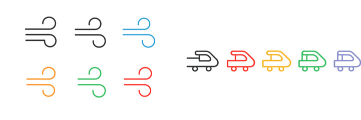 Fototapete - Modern graphic representation of wind symbols and colorful train icons in a digital design composition