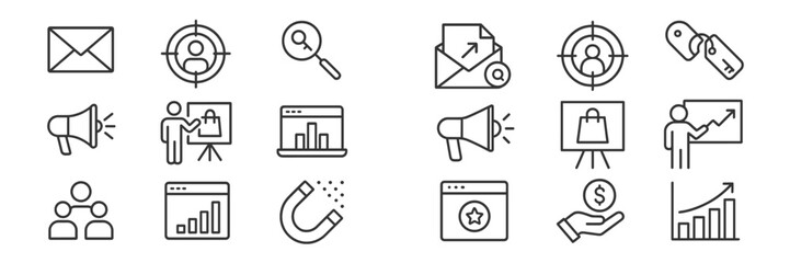 Poster - Collection of business and marketing icons representing communication, data analysis, and strategy