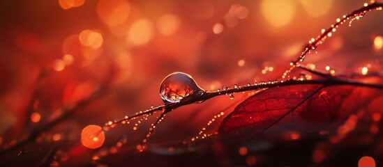 Wall Mural - dewdrop on a red leaf with bokeh background.