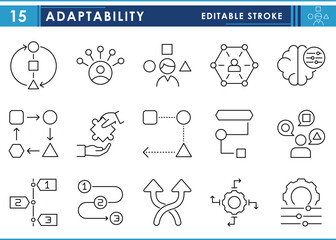 Poster - A set of line icons related to Adaptability. Adapt, fit, shapes, flexible, and so on. Vector editable stroke.
