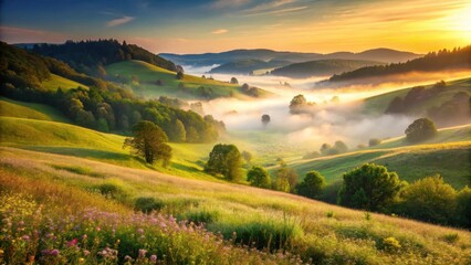  Golden Sunrise Over Rolling Hills and Misty Valley, Illuminating Lush Green Meadows with Wildflowers