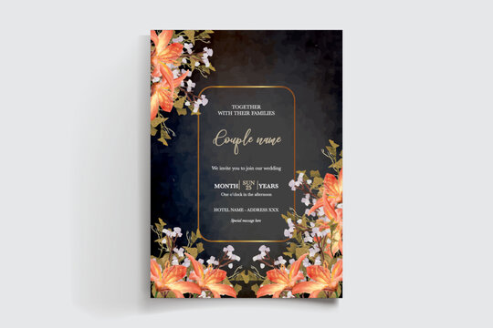WEDDING INVITATION FRAME WITH FLOWER DECORATIONS AND FRESH LEAVES