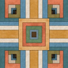 Poster - Colorful Geometric Pattern with Square Shapes and Layered Textures in Tones of Blue, Orange, Green, and Brown for Abstract Art and Design Projects