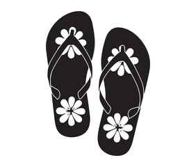 Silhouette flip flops vector illustration. Beach sandal silhouette with flower pattern.