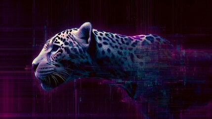 Abstract depiction of a jaguar head with digital glitch effect against dark backdrop